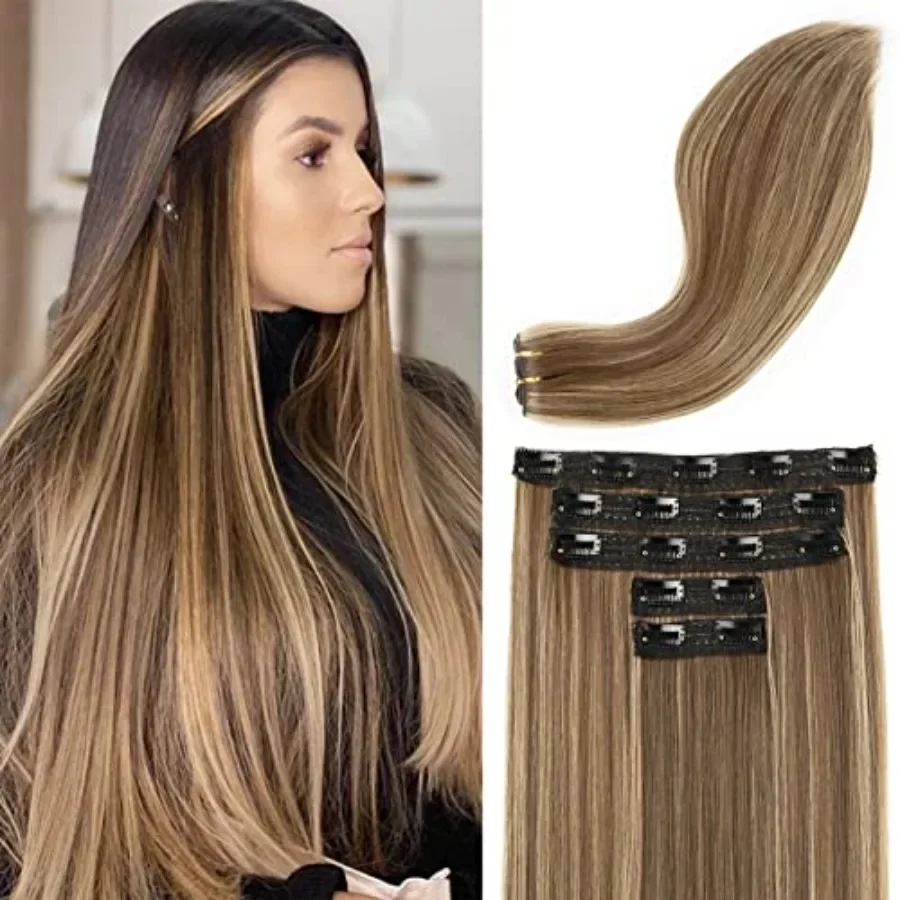 

REECHO Clip in Hair Extensions, Hair Extensions Thick Long Lace Weft Lightweight Synthetic Hairpieces for Women 24 Inch-240 Gra