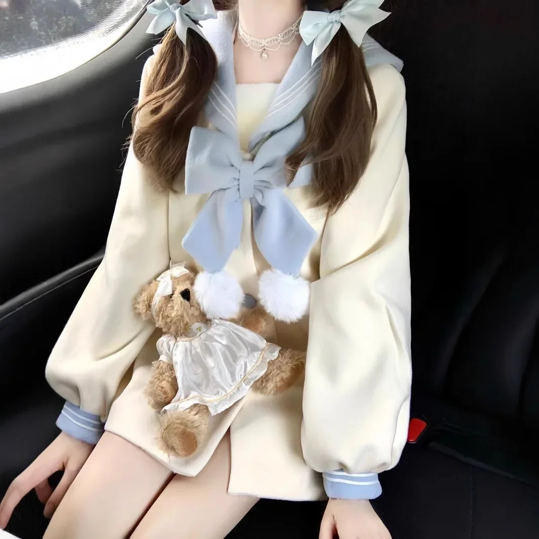 بالإضافة إلى حجم لطيف الخريف الشتاء البحرية طوق معطف الصوف لينة طبطب منتصف طول صغير الحجم ملابس خارجية متعددة الاستخدامات للشباب في القلب #4