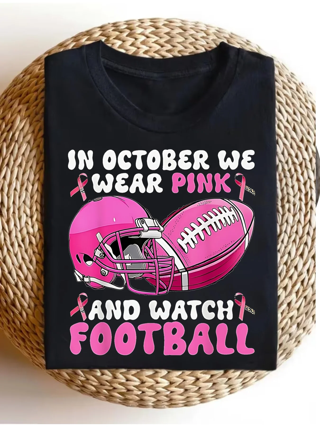 Casual Sporty Style Women'S T-Shirt, Football Helmet And Ball with Breast Cancer Awareness Ribbons in October We Wear Pink And Watch Football Design for Fall Season Perfect Gift for Football Fans
