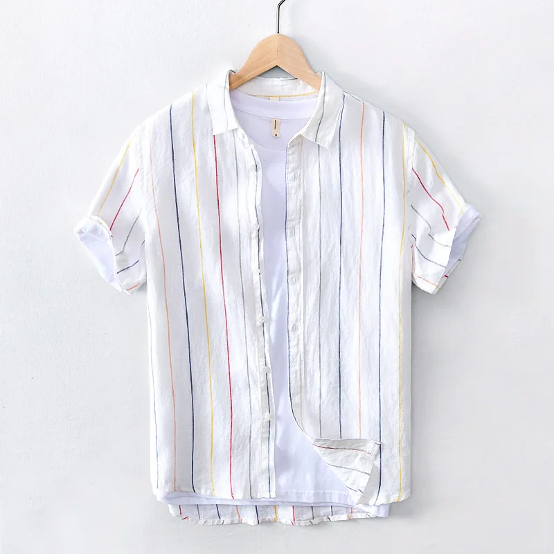 

New Arrival Striped Short Sleeve Casual Shirt, Men's Pure Linen Breathable All-match Short Shirt for Inner & Outer Wear