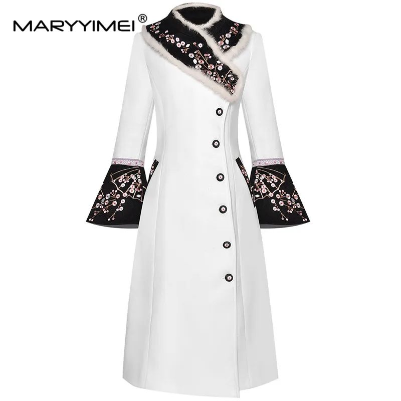 MARYYIMEI Fashion Designer Woolen coat Winter Women Rabbit fur collar Long sleeve Embroidery Elegant Keep warm Overcoat