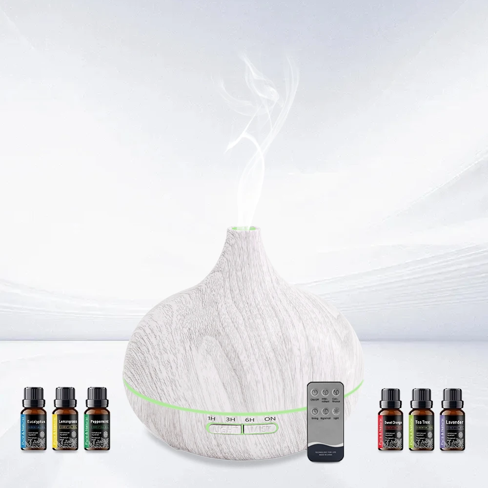 

Диффузор, диффузор эфирного масла под дерево, ультразвуковой увлажнитель воздуха 550 мл, пульт дистанционного управления, 6 бутылок масла и автоматическое отключение для сейфа,