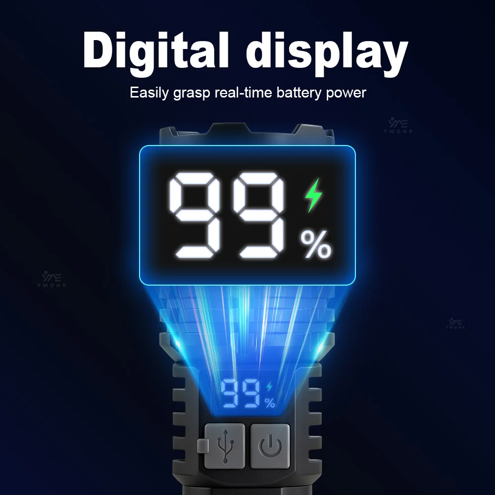 Torcia ad alta potenza Lampada laterale Torcia a LED ricaricabile Torcia con display digitale impermeabile Torcia Escursionismo da campeggio all'aperto Luce di emergenza rossa blu Zoom telescopico Lanterna da campeggio