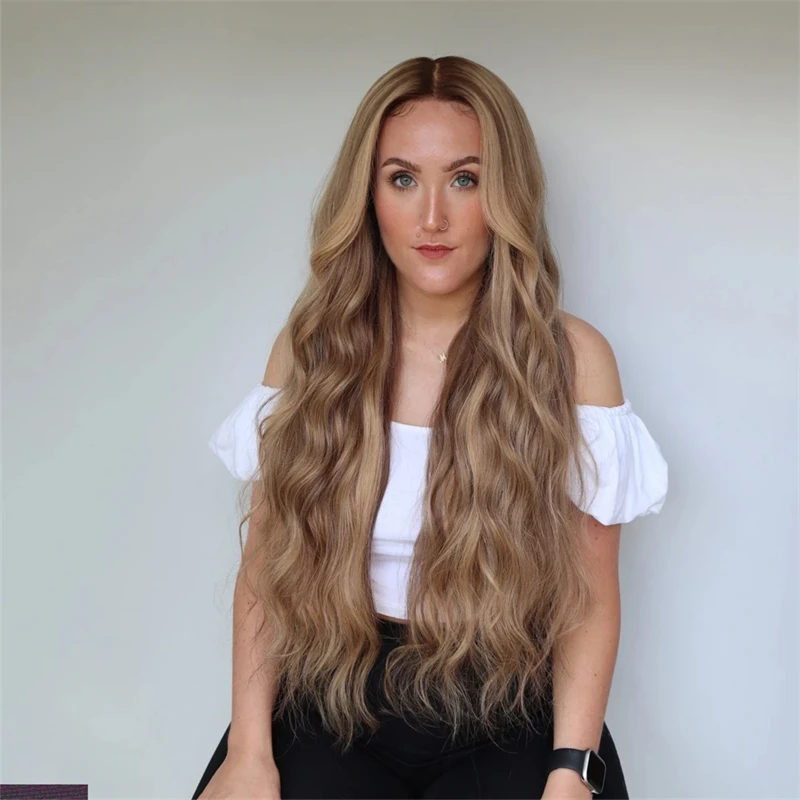 Ombre Warm Tone Honey Blonde with Medium Brown Balayage Synthetic Lace Front Wig For Women Dark Root Realistic Hairline Wig 28''