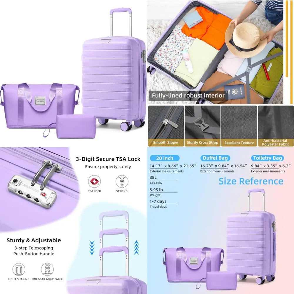 

3-Piece Luggage Set with Duffel, Hardside Carry-On Suitcase, 360° Spinner Wheels, TSA Lock, Ideal for Travel