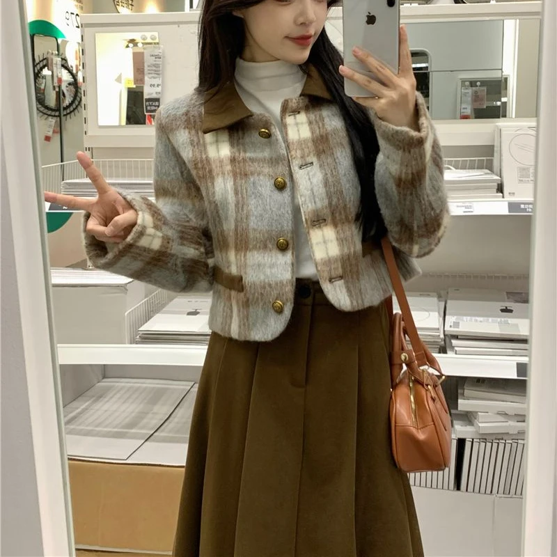 Autumn Winter New Fake Two Pieces Sets Women Plaid Coat Plus Velvet Thicken Solid High Waist Long Skirts Korean Fashion Suit