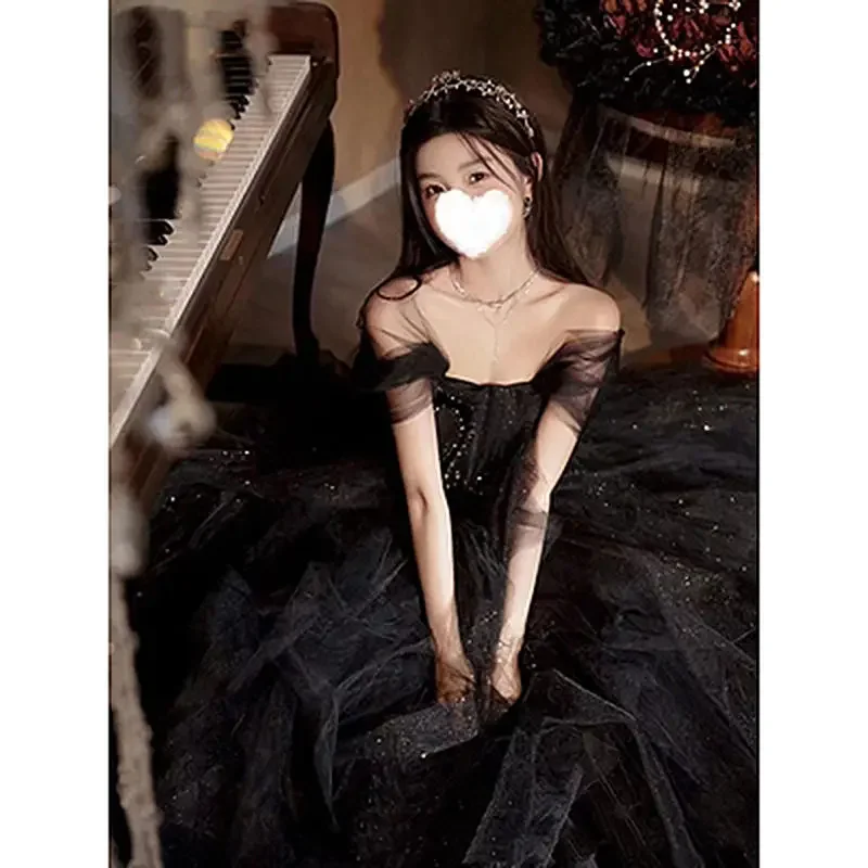 Black Evening Dress Light Luxury Ceremony Black Host Suit Sexy Skirt Sleeveless Shimmer Forest Style Dress