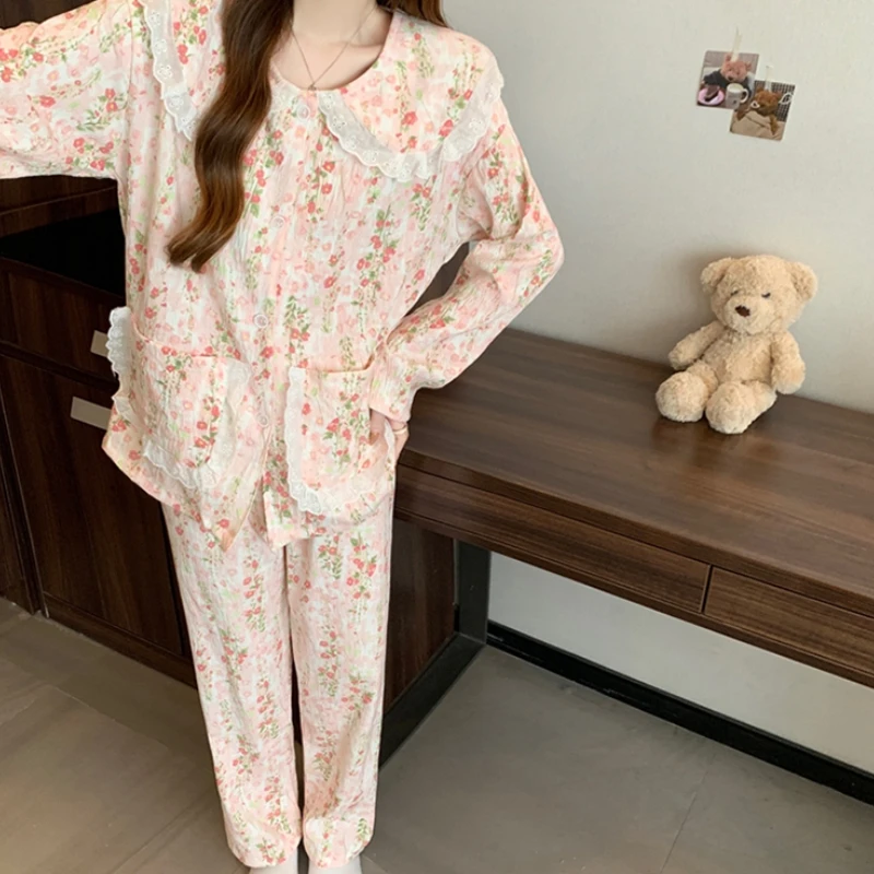 Pijamas de mujer con estampado de flores de estilo clásico chino, ropa de casa romántica y elegante de algodón con nube dulce, ropa de dormir para primavera y otoño 2025