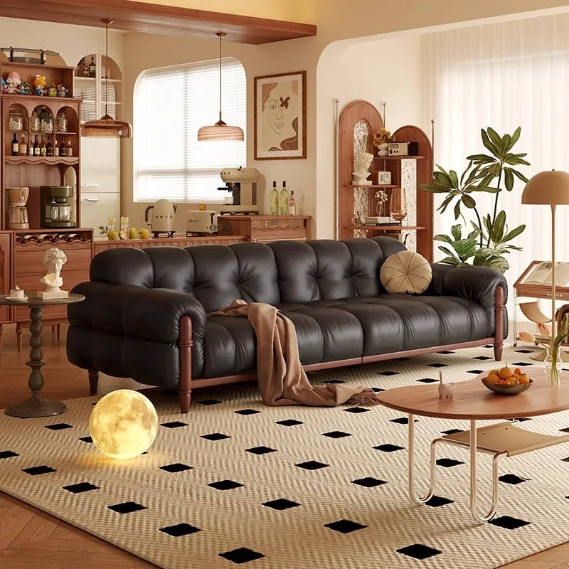 

Black luxury marshmallow sofa black retro style small apartment living room straight row first layer cowhide leather sofa