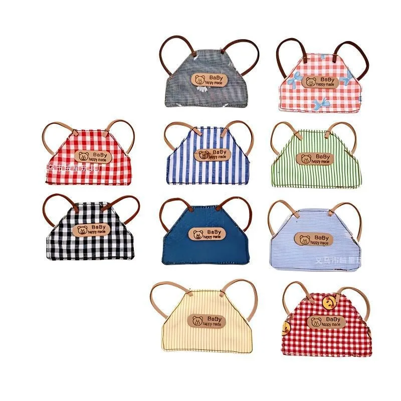 Mini Plaid Striped Doll Apron Vintage Bear Label Bib Overalls Small Plush Pendant Doll Dress Up Replacement Outfit Accessories