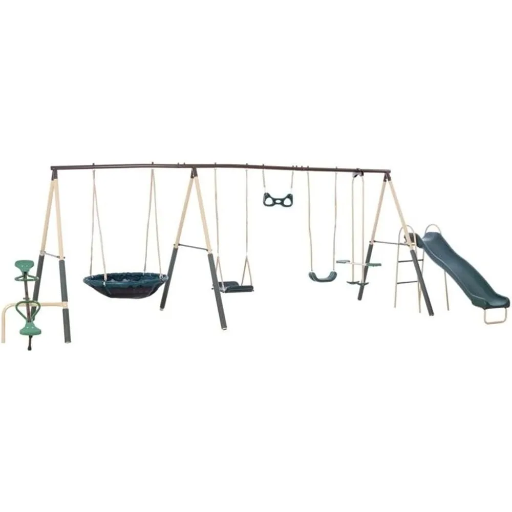 

Outdoor Playground Swing Set with Slide, See Saw, Trapeze Swing, Fun-Glidr, Swing Seat, and Stand N Swing