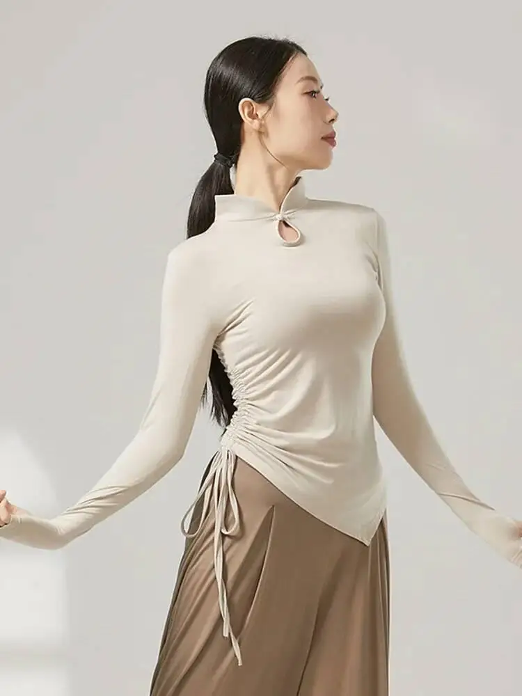 Costume da prova per pratica di scena da donna, danza classica, vestibilità slim, colletto alto, dettaglio con coulisse, tinta unita, camicia a maniche lunghe