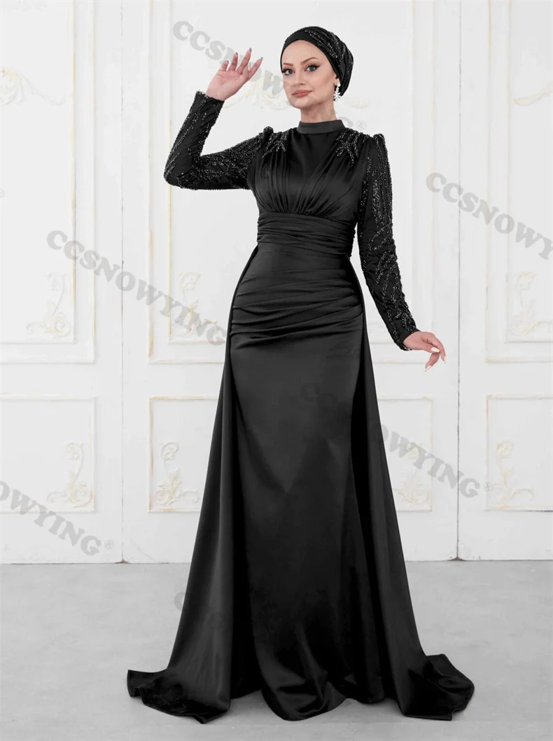 

Appliques Beaded Satin Hijab Muslim Evening Dresses Islamic Long Sleeve Formal Party Gown Arabic Dubai Women Robes De Soirée