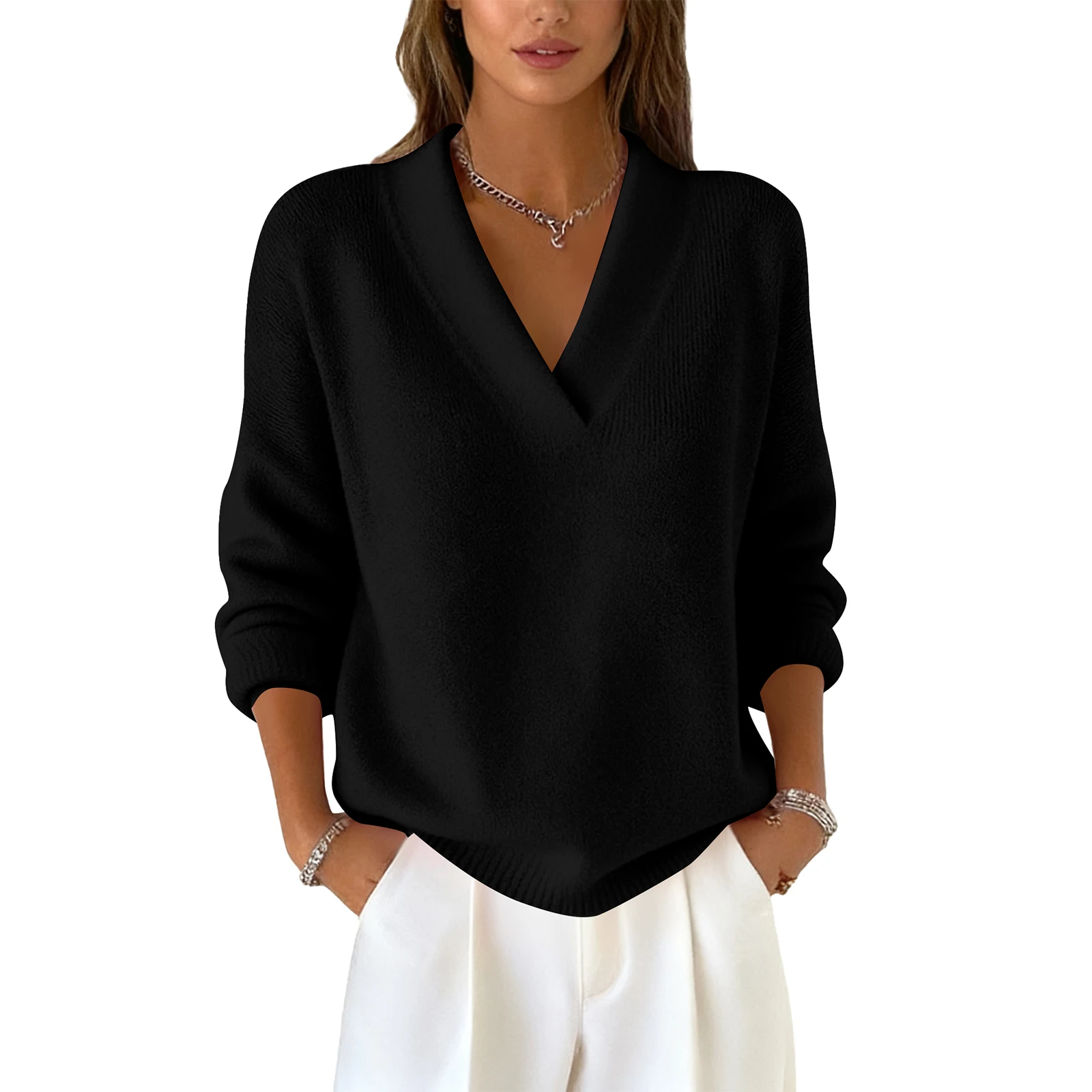 ニットセータートッププルオーバーレディーストップファッショナブルな長袖ソリッドカラーVネックデイリーマルチカラー人気セータートップ