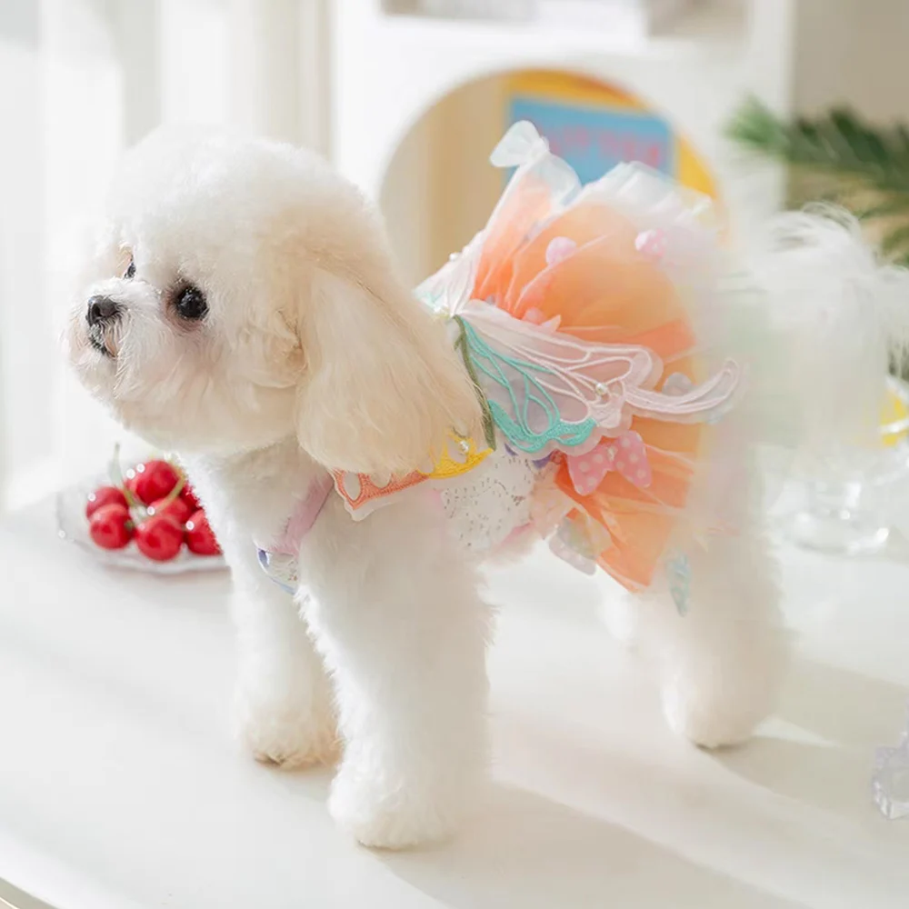 Summer Dog Cat Butterfly Princess Dress Clothes Mesh Lace Pearl Puppy Wedding Skirt For York Chihuahua Poodle Small Dog Dresses