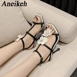 Aneikeh 2026 Summer Roman Sandals Stripe Color Blocked Flower Designer Strappy Heels Sexy Fashion Party Pumps Chaussures Femme