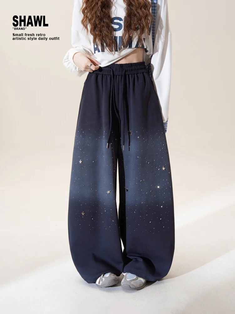 Loose High-Waist Wide-Leg Sports Pants Women's Winter New Sle Lazy Faion adient k Blue Rhinestone Decorated Casual T...