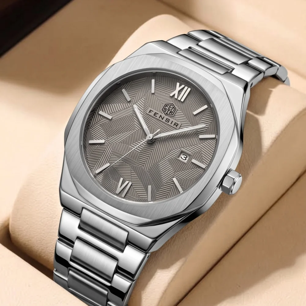 High-End Men's Octagonal Steel Band Quartz Watch, Textured Dial, Calendar Display, Waterproof Luminous Business Watch, Simple and Luxurious Men's Watch, Versatile for Daily Commuting, Wear-Resistant Strap, Trendy Men's