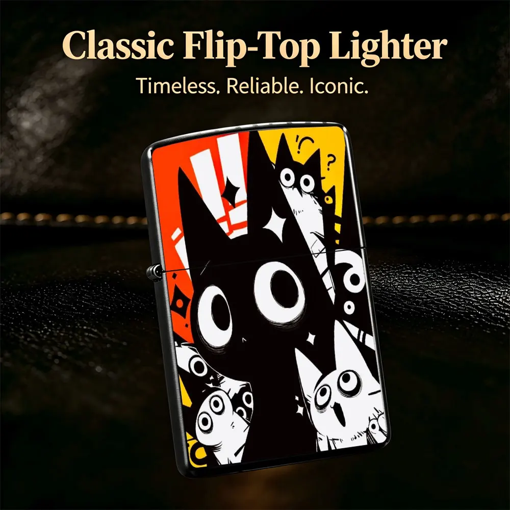 Pocket Lighter, Flip Top Design, Cartoon Black Cat Print Surrounded by Cats on Red Background, Metal Case, Windproof Flame, Comfortable Grip, Portable & Durable
