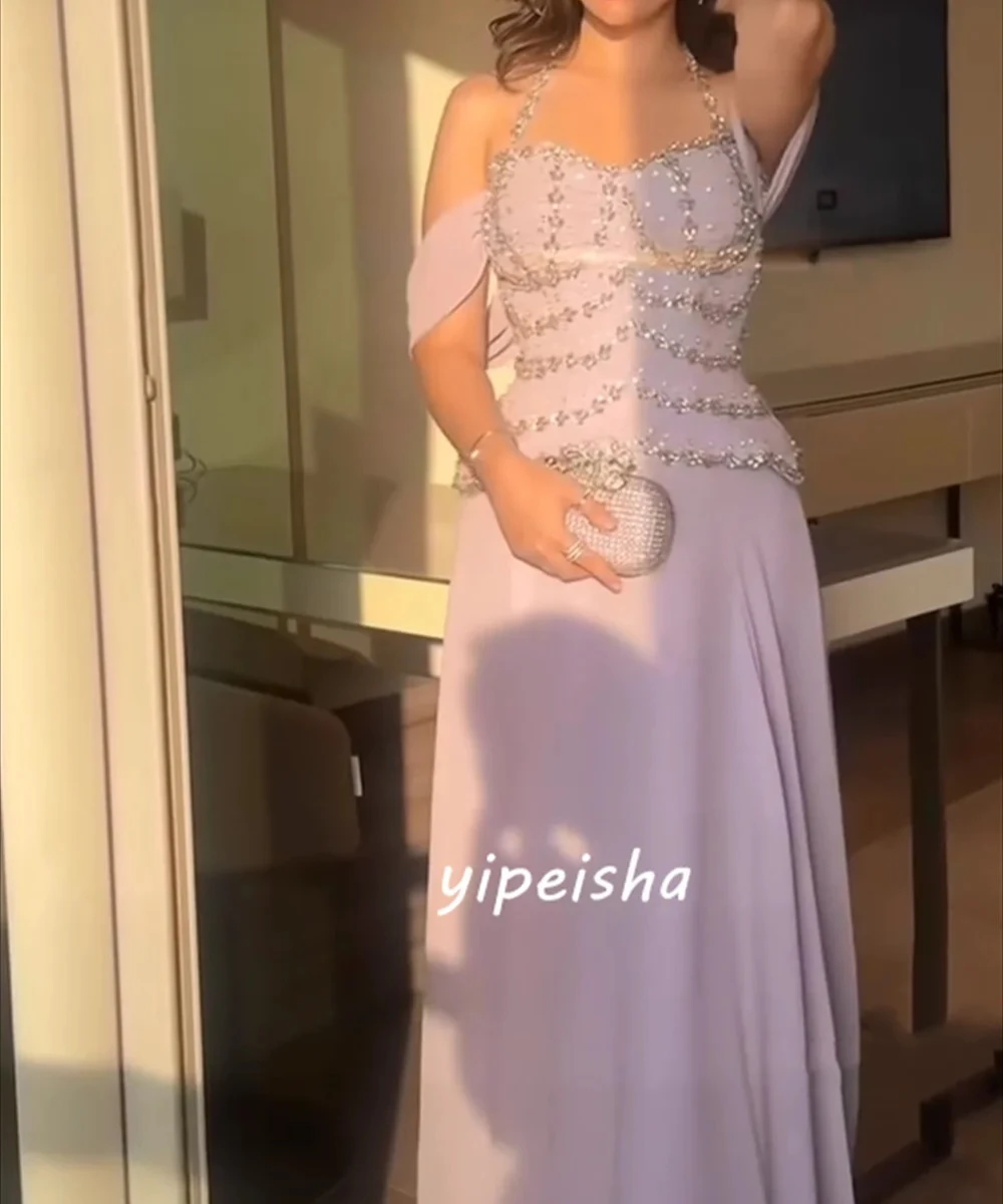 

Customized Chinese Style Elegant Purple Rhinestone Pleat A-line Off-the-shoulder Floor-Length For Wedding Party Evening Dresses