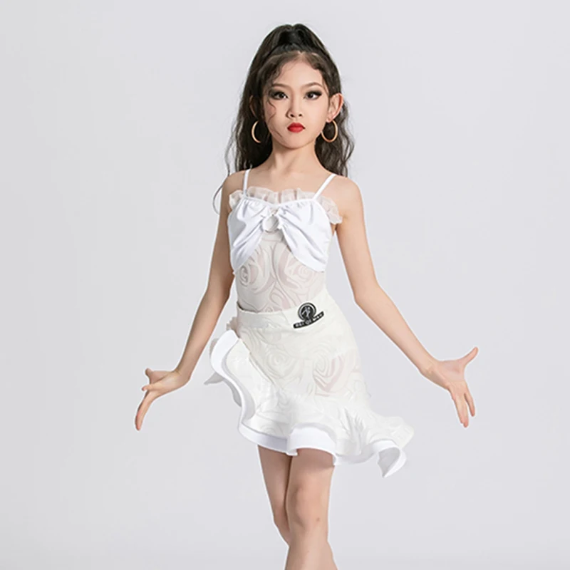 

White Latin Dance Dresses Girls Ruffle Irregular Skirt Tango Cha Cha Dance Performance Wear Professional Competition Suit VDL313