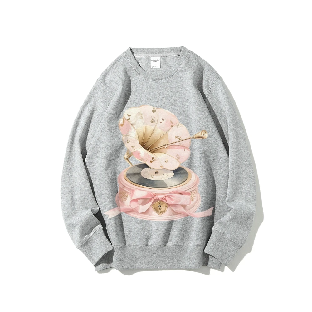 Grafisch sweatshirt roze grammofoonprint retro melodieus nostalgisch Y2K-stijl zachte stof voor muziekliefhebbende casual sweatshirt