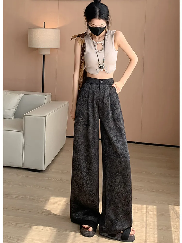 

New Chinese Style Satin Jacquard Wide Leg Pants Women 2024 Spring Summer High Waist Straight Pants Ladies Casual Loose Trousers