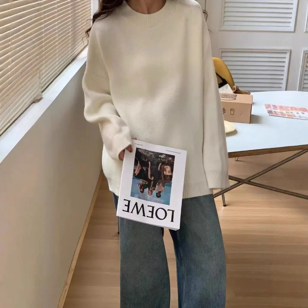 

Женский пуловер большого размера с круглым вырезом, толстый свитер с длинными рукавами, ленивый стиль, европейский, американский, простой, универсальный