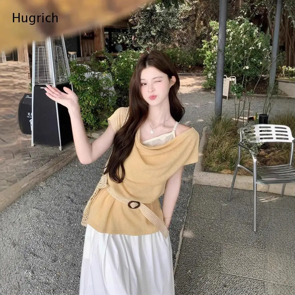 Sweet Korean Style Yellow Waffle Knit Blouse For Women Draped Neck Short Sleeve Loose Daily Casual Top