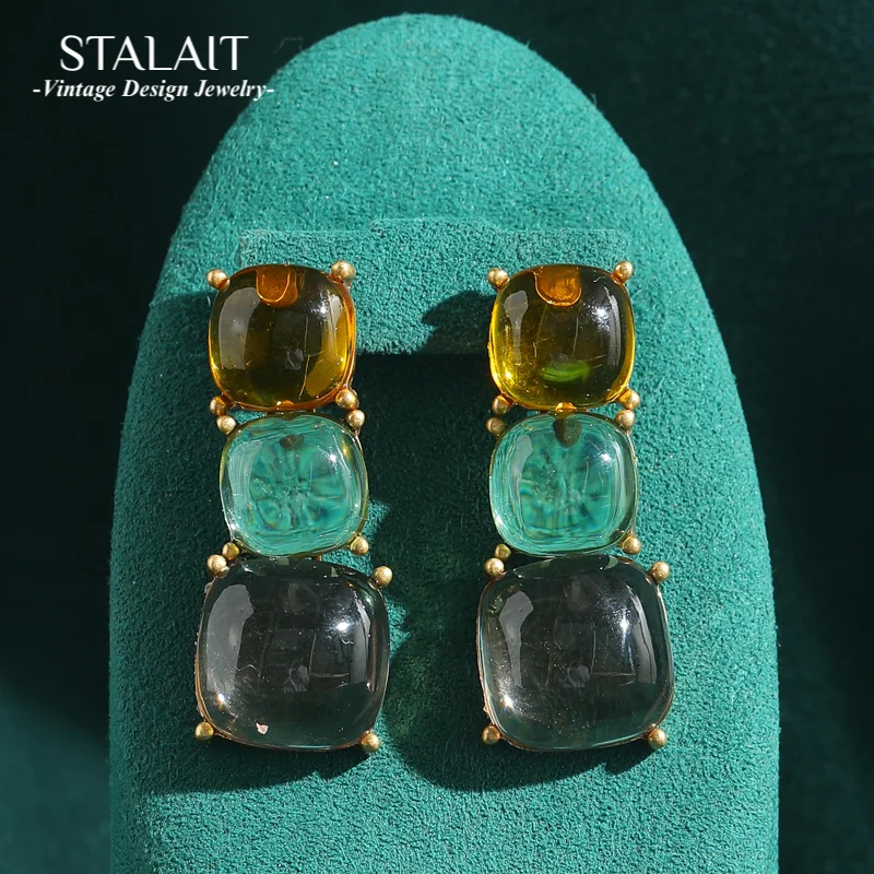 

Vintage Transparent Colored Natural Glass Square Earrings Drop For Woman Accessories Bohemian Luxury Quality Jewelry 2025 New