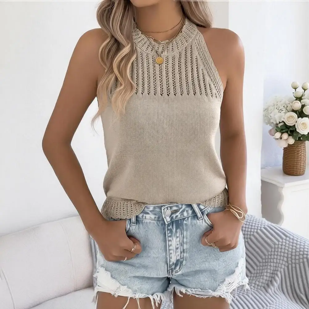 

Slim Fit Shirt Women Knitting Tops Women’s Slim Fit Blouse Solid Color Summer Top with Hollow Design Soft Stretchy Knitted Shirt