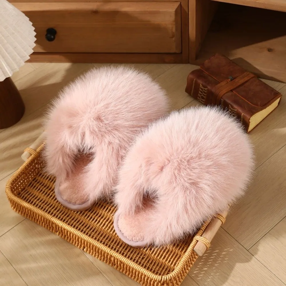 1 Pair Fluffy Faux Fur Women Fluffy Fur Slippers with TPR Non-slip Sole Non-slip Winter House Slippers Cozy Home Footwear