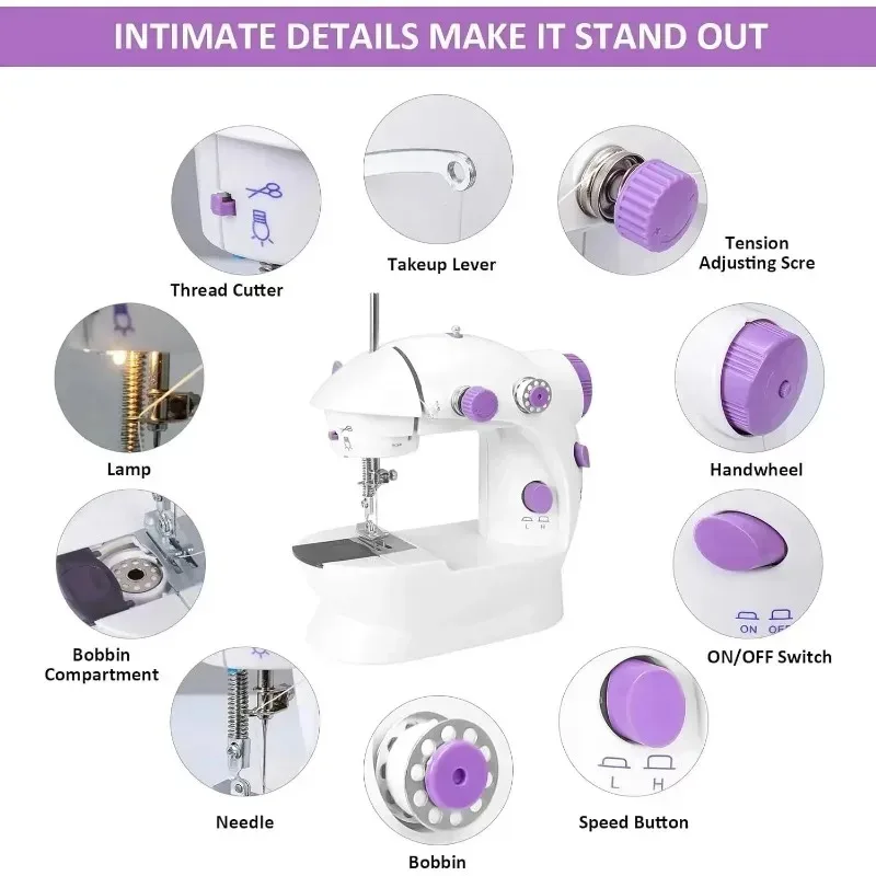 Mini Electric Sewing Machine Home Small Double Speed Household Portable Night Light Foot Pedal Straight Two Thread Beginner Kit