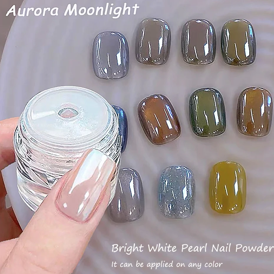 Uñas blancas perladas, purpurina, polvo, cromo, luz de luna, frotar en polvo, concha plateada, pigmento de espejo, suministros de decoración para uñas