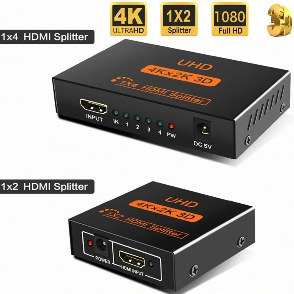 4Kx2K HDMI Splitter 1 in 2 out Video Distributor 1080P HDMI Switch 1x2 1x4 Copy Display Adapter for Loptop PC Monitor Projector