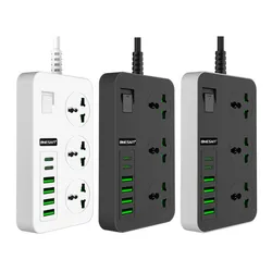 US EU UK 3 Ports 2 PD Type C 4 USB Fast Charger 2.1A 5V 3000W Universal Outlets Power Strip for Residential Commercial