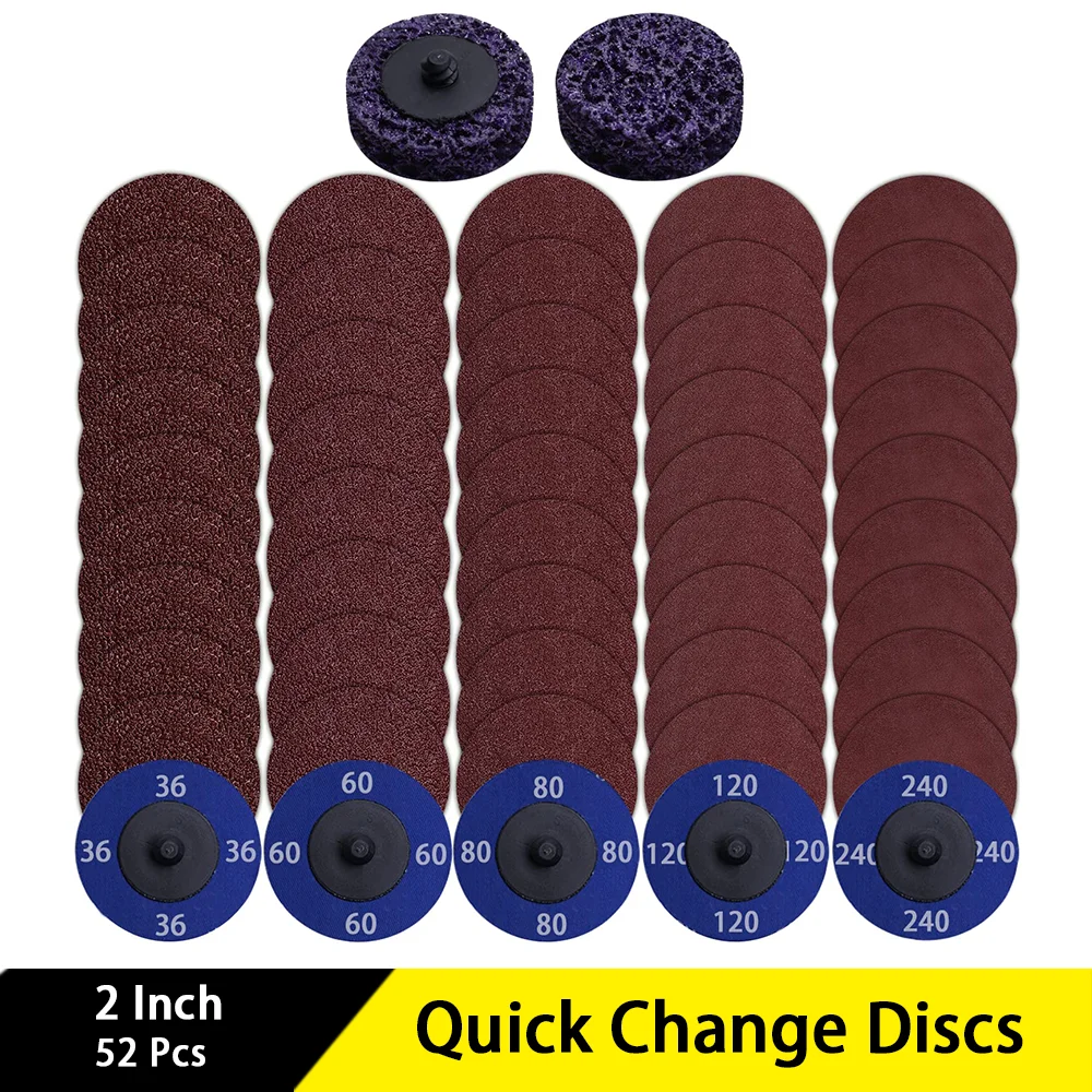 2 Inch Quick Change Discs Assorted 36/60/80/120/240 Grit with Purple Easy Strip Discs for Die Grinder Surface Prep Strip Grind