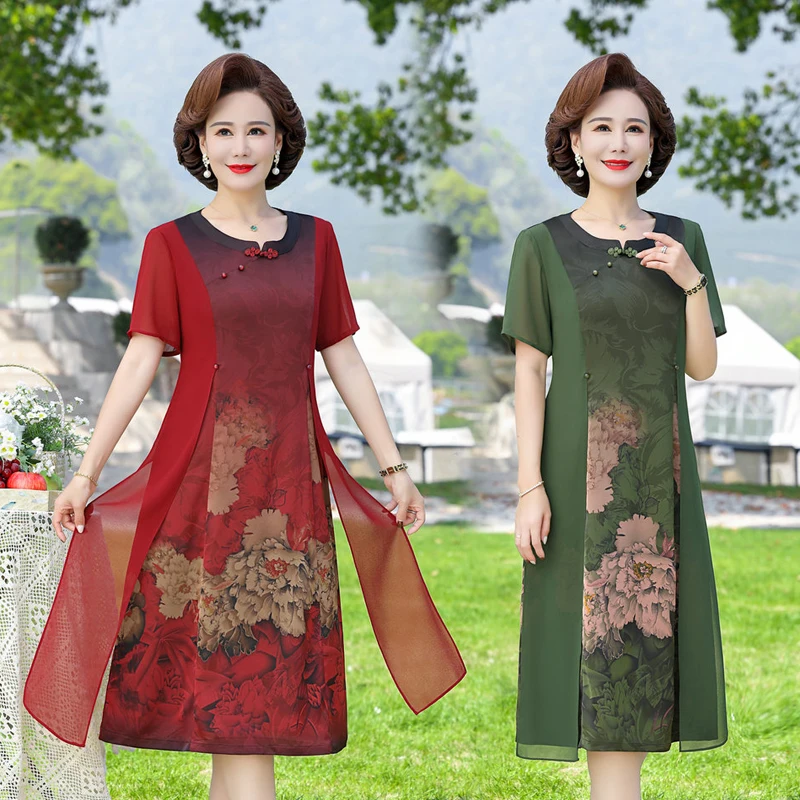 

Retro Woman Dress Chiffon silk Patchwork Lady Summer Korean Casual printing Loose Short Sleeve Dress Women Clothing