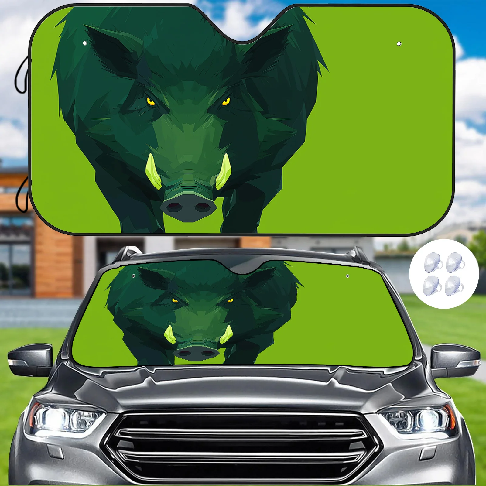 Green Wild Boar Pattern Car Sun Visor, Heat Insulation And UV Protection, Showcasing Unique Personality Inside The Car, Comes Wi