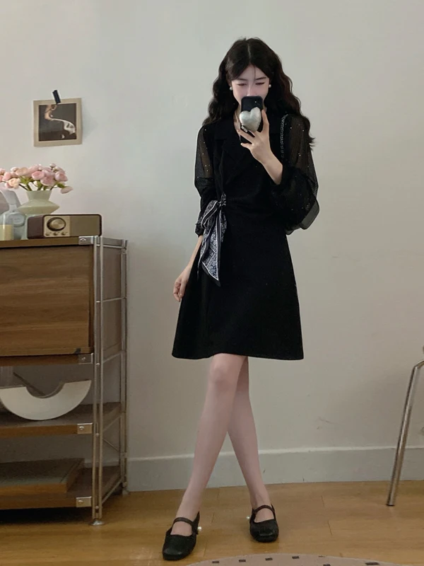 

plus Size Hepburn Style Mesh Splice Slimming Design A-Line Short Dress Women's Commute Korean Version High Waist Long Sleeve