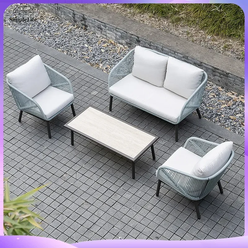 Outdoor Woven PE Rope Sofa Set with Aluminum Frame Waterproof Anti-Rust Tea Table Cushioned Patio Furniture for Balcony
