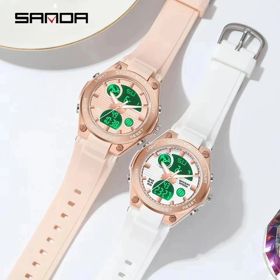 Sanda 6067 Dames Elektronisch Horloge Mode Creatieve Macaron Sport Lichtgevende Chronograaf Dual Display Siliconen Dames Horloges