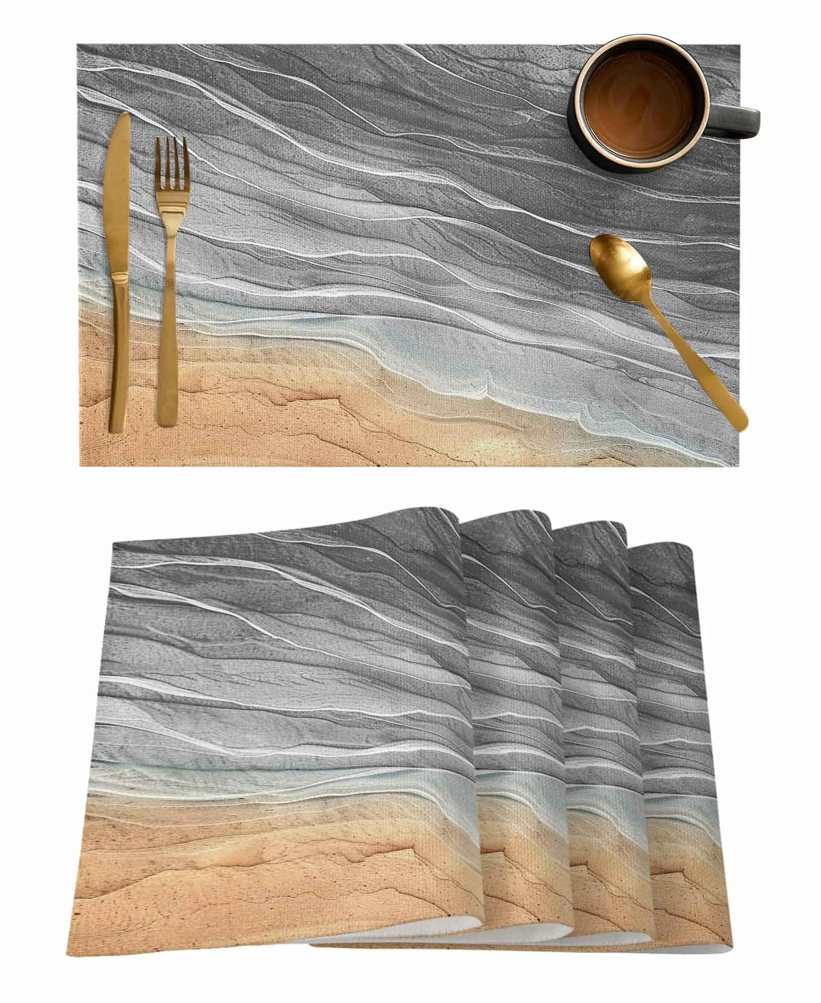 Ocean Wave Beach Gradual Wave Grey Table Runners For Dining Room Tablecloth 4/6 Pcs Placemats Table Cover