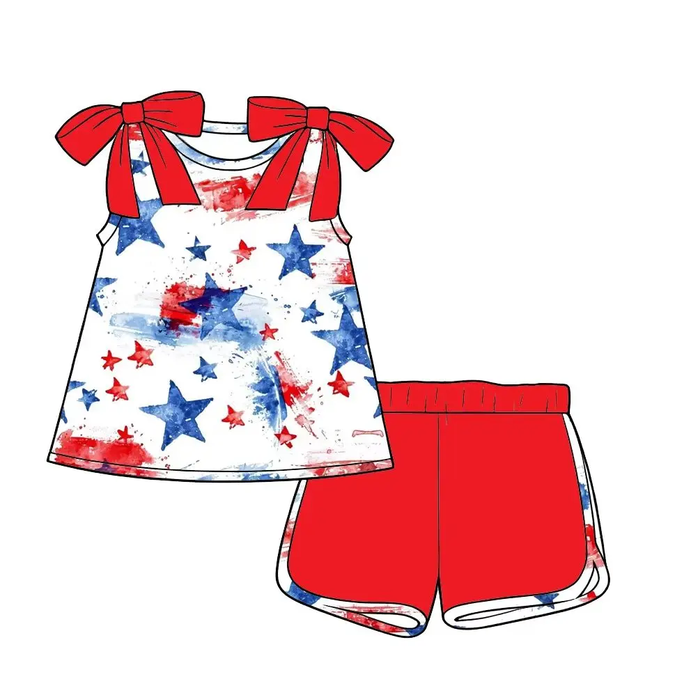 Summer Girls Twirl Dress Children 4th of July Firework Star Outfit Kids Patriotic Tank Top Shorts Set