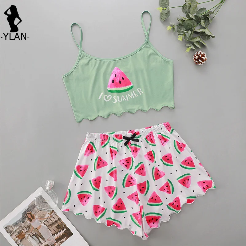 Women\'s Pajamas Set Watermelon Print Summer Suit Sexy Lingerie Pyjamas Set Round Neck Soft Breathable Tank Top Shorts Homewear