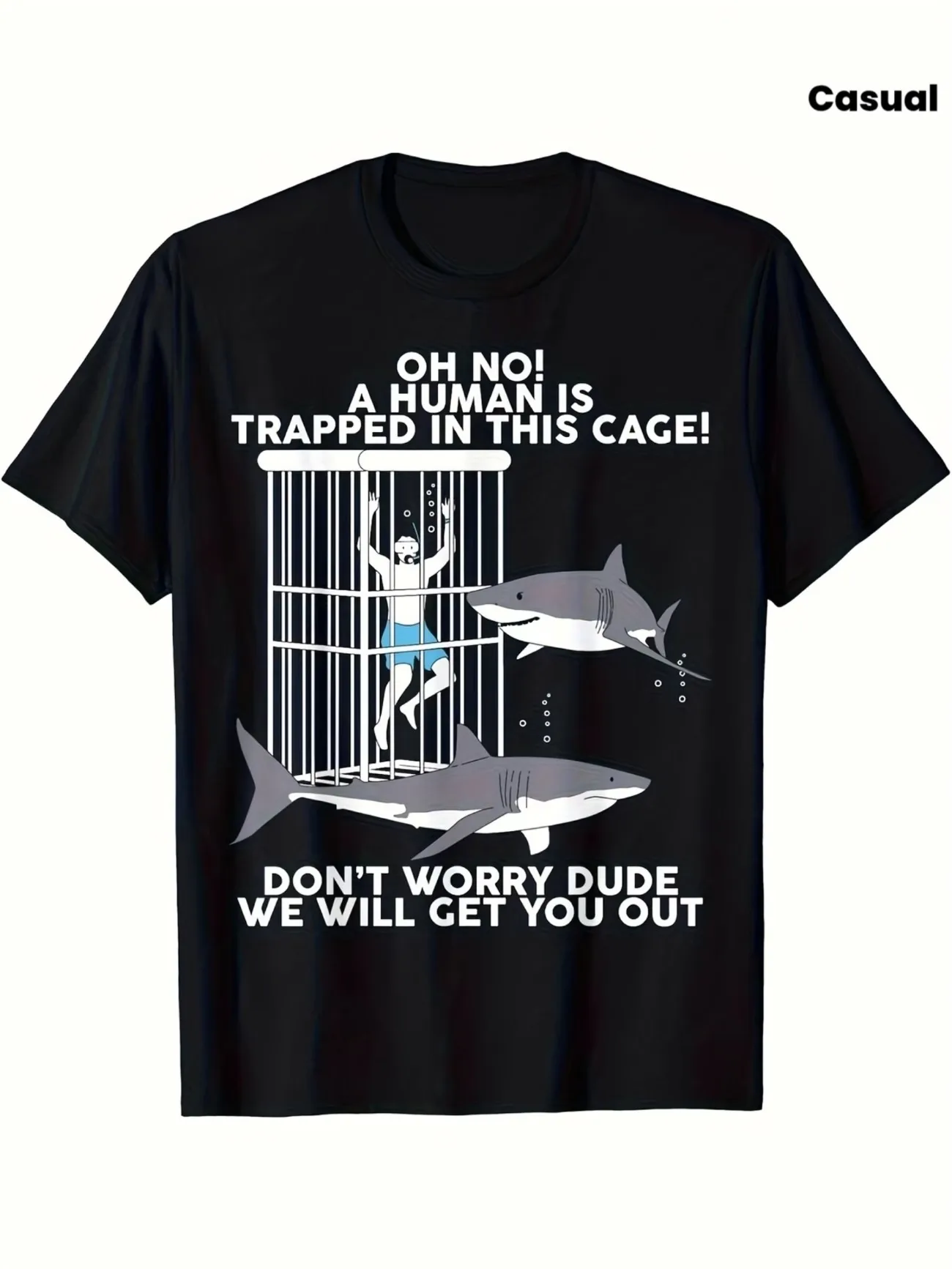 Plus Size Oversized Casua Sports Trendy and Fun Printed Graphic T-Shirt for Men and Women Great White Shark Cage Capture Graphic
