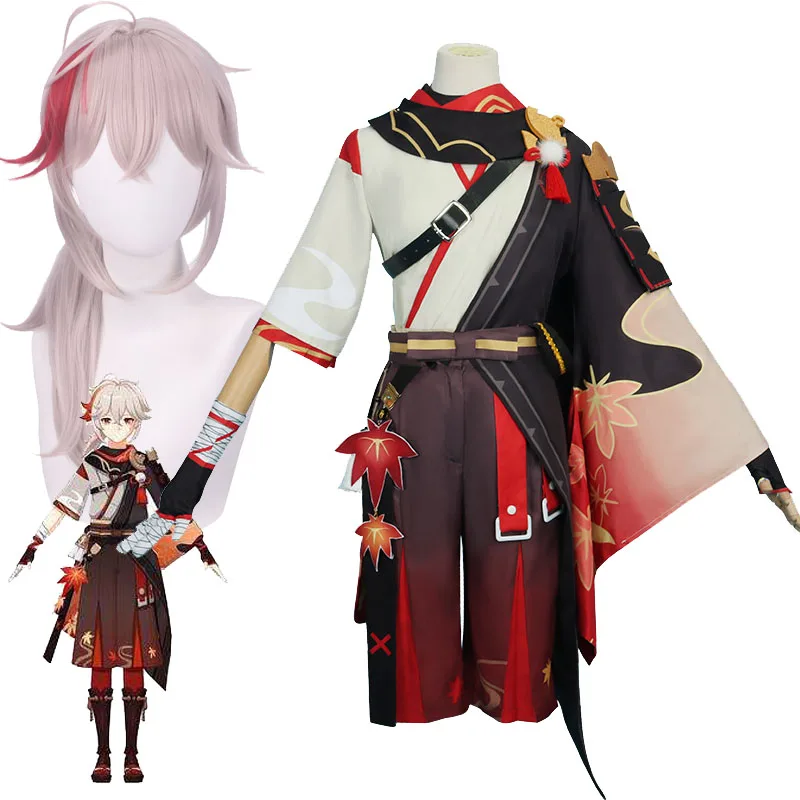 

Genshin Impact Kaedehara Kazuha Cosplay Costume and Accessories Inazuma Ronin Warrior Uniform Suit Game Play Wig Headgear