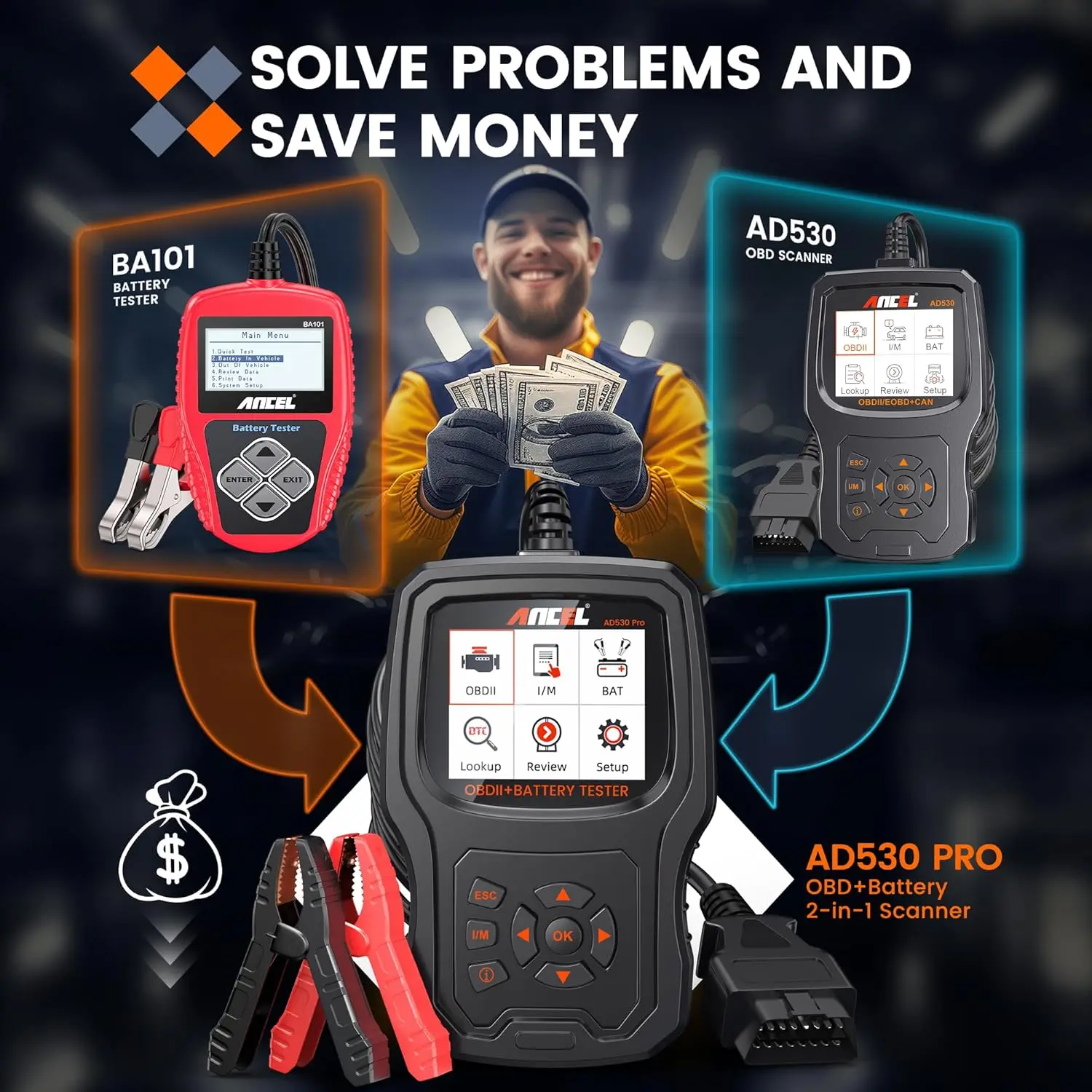 جهاز اختبار بطارية الماسح الضوئي AD530 PRO 2 في 1 obd2 + حقيبة تخزين واقية لـ AD530 Pro