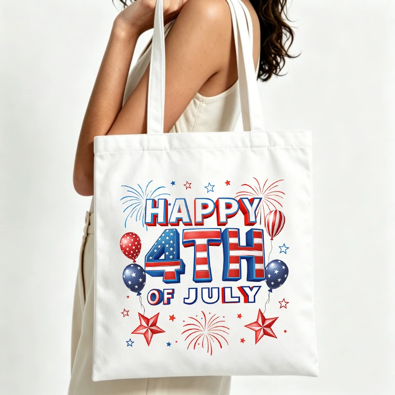 American flag stars and fireworks print canvas tote bag, casual style for 4th of July celebrations and summer outings