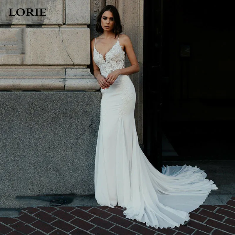 LORIE Lace Mermaid Wedding Dresses A Line Spaghetti Straps Vintage Wedding Gown Chiffon Beach Bride Dress 2023